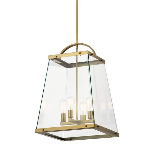 Latest Natural Brass Foyer Lantern Chandeliers Throughout Kichler Darton 4 Light Brushed Natural Brass Transitional Large Foyer  Pendant Hanging Light With Clear Glass 52124bnb – The Home Depot (View 5 of 15)