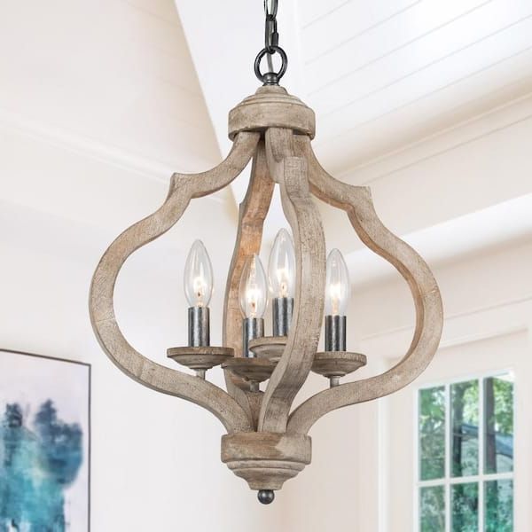 Lnc Lantern Wood Pendant 4 Light Cage Brown Rustic Chandelier Dining Room  Island Chandelier With Farmhouse Candle Style Nm3mrnhd13734z7 – The Home  Depot Regarding Well Known Gray Wash Lantern Chandeliers (View 11 of 15)