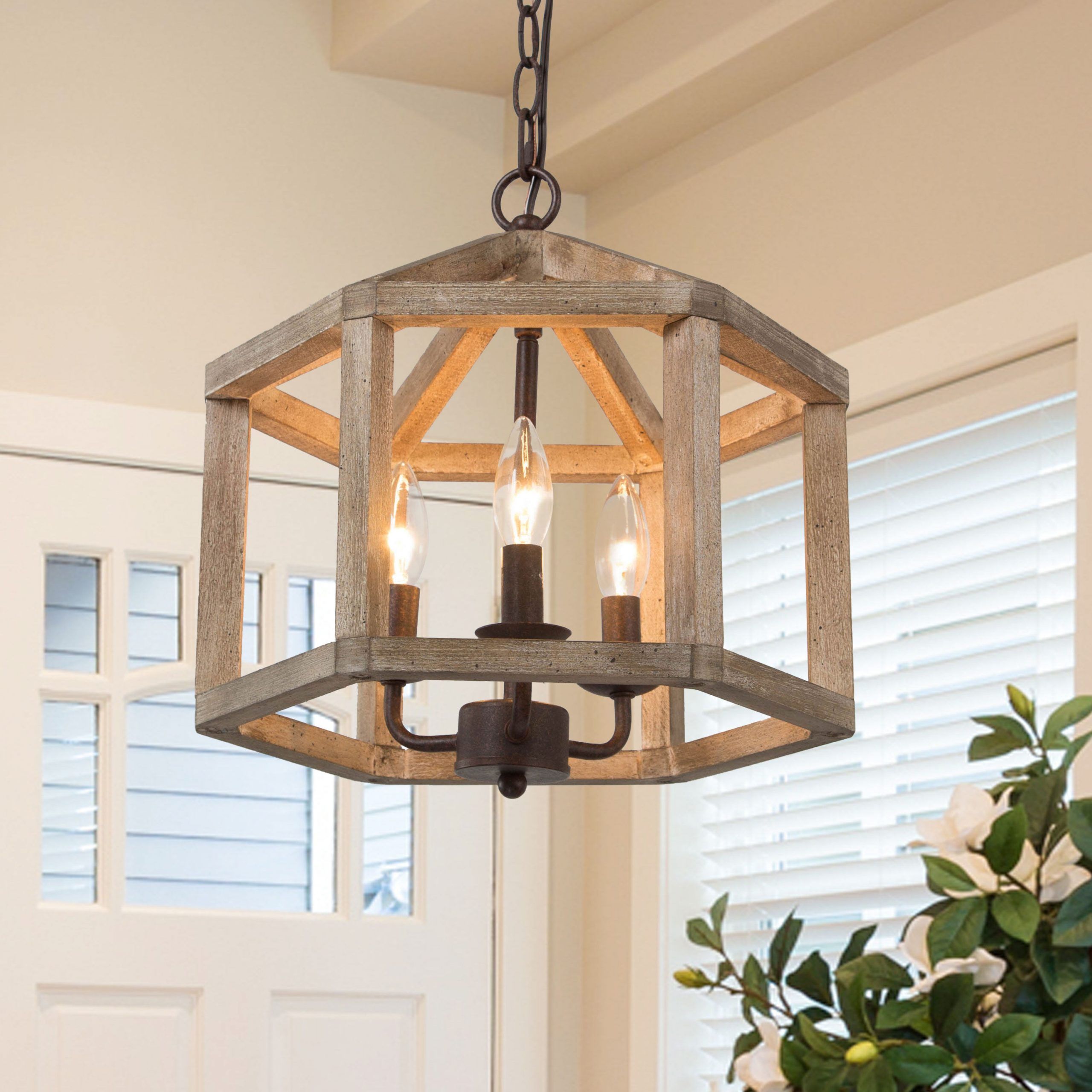 Lnc Quaint 3 Light Distressed Wood Brown And Rustic Bronze Drum Farmhouse  Cage Led Chandelier In The Chandeliers Department At Lowes Intended For Best And Newest Distressed Oak Lantern Chandeliers (View 4 of 15)