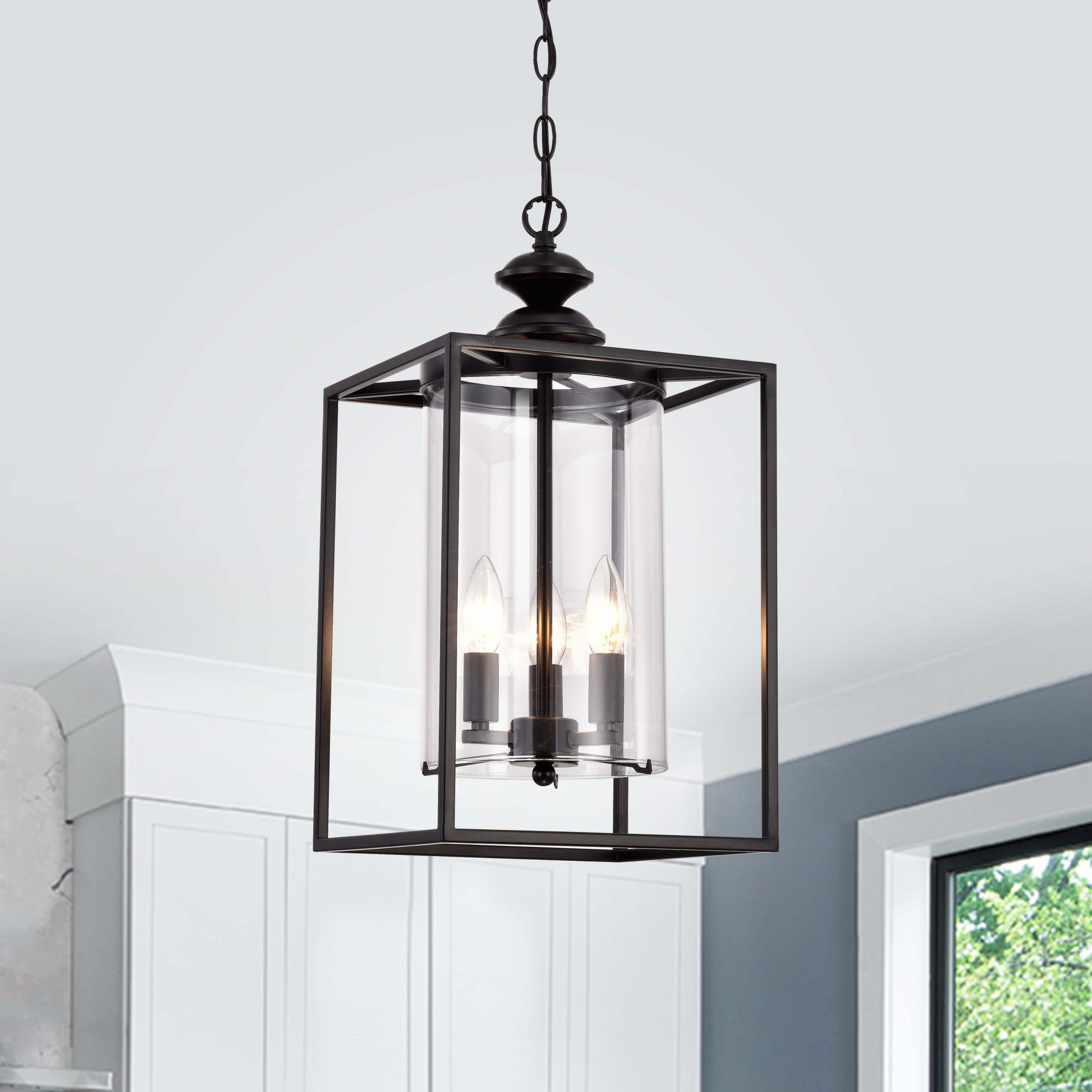 Marta Antique Black 3 Light Glass And Metal Lantern Pendant Chandelier – On  Sale – Overstock – 33590609 Intended For Favorite Black Iron Lantern Chandeliers (View 6 of 15)