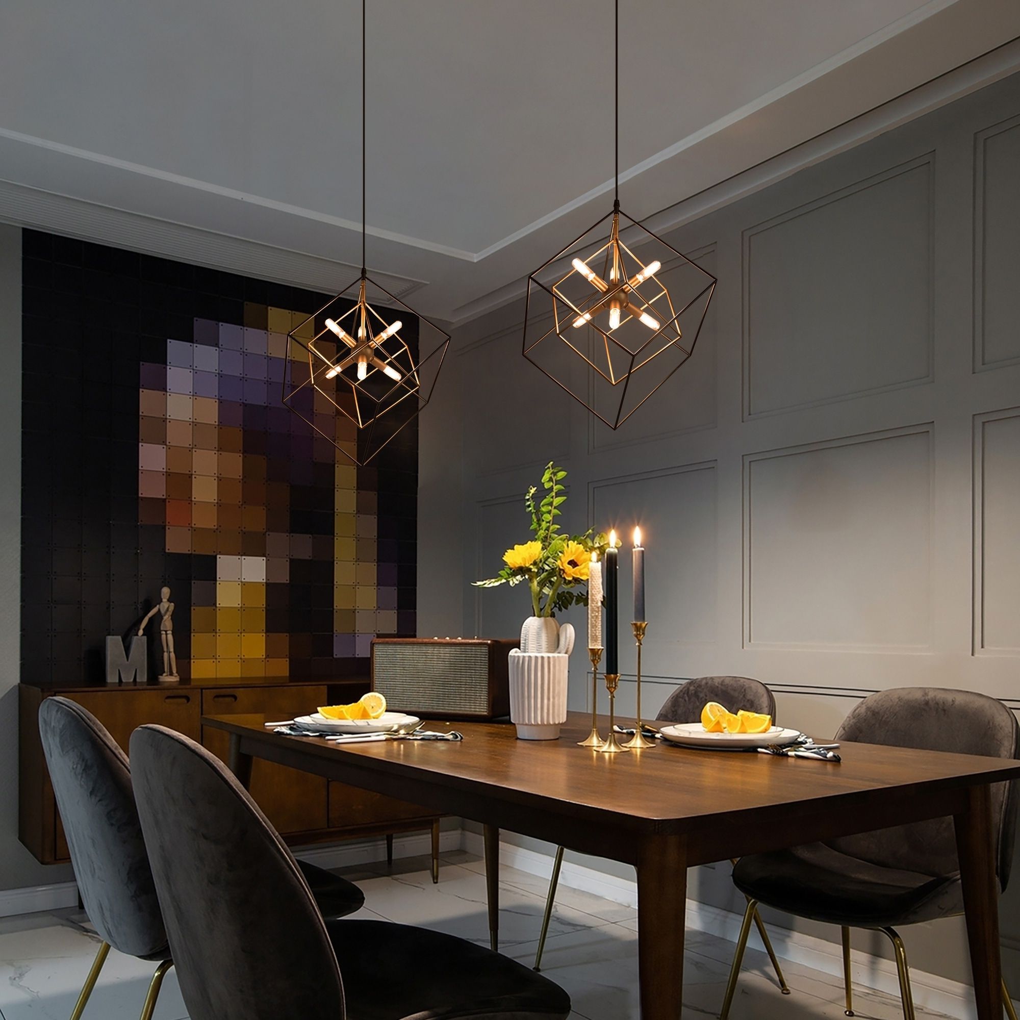 Modern 6 Light Black Gold Lantern Cube Sputnik Chandeliers For Dining Room  – 21.5"dx (View 13 of 15)