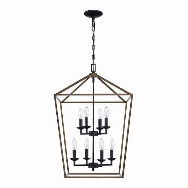 Most Current Home Decorators Collection Weyburn 8 Light Black And Faux Wood Caged  Farmhouse Chandelier For Dining Room, Lantern Kitchen Light 86201 Fw Bk –  The Home Depot Regarding Eight Light Lantern Chandeliers (View 12 of 15)