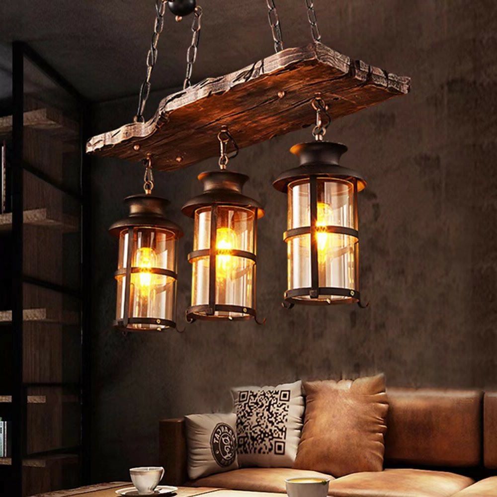 Most Popular Three Light Lantern Chandeliers For Unique Rustic Wood And Metal Three Light Hanging Lantern Chandelier   (View 15 of 15)