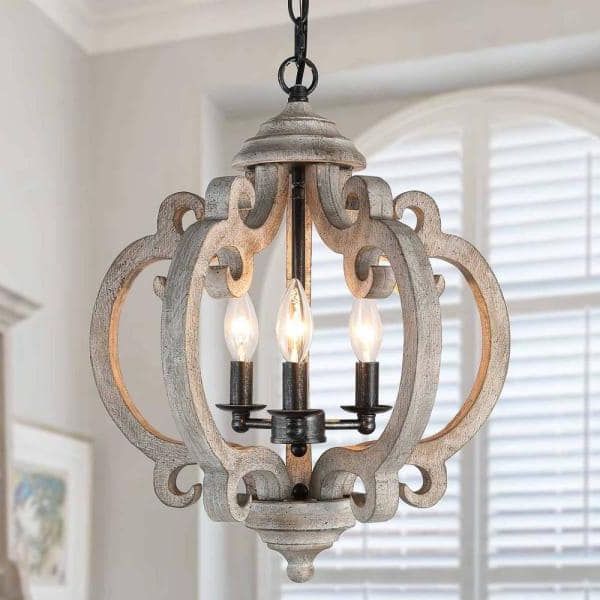 Most Recent Gray Wash Lantern Chandeliers Throughout Lnc Globe Wood Chandelier Washed Gray Round Pendant 3 Light Farmhouse  Candlestick Chandelier Rustic Hanging Lantern B7jbezhd14140t7 – The Home  Depot (View 3 of 15)