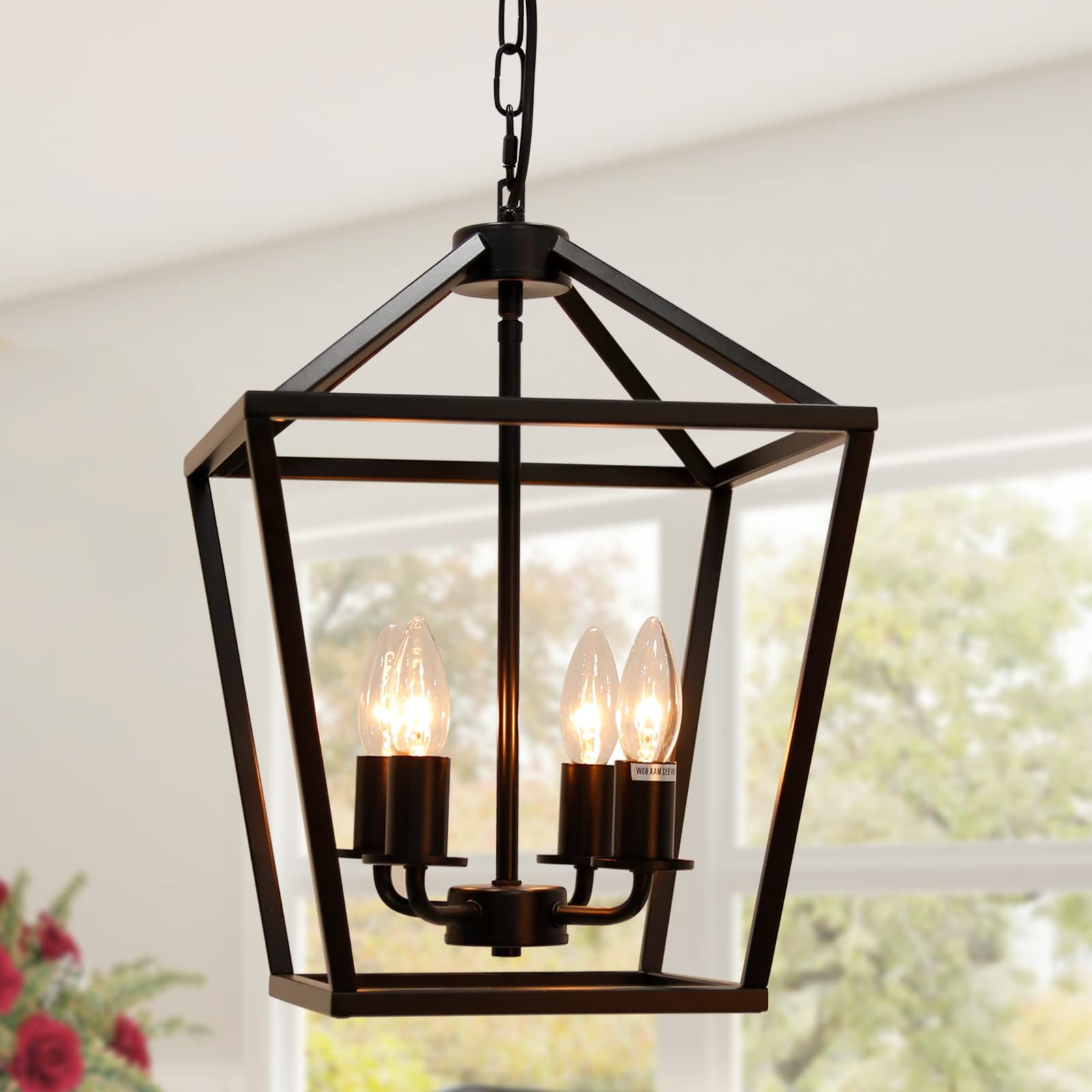 Most Recent Telafly 4 Light Lantern Pendant Light,modern Industrial Black Cage  Farmhouse Chandelier For Kitchen Island,12'' Rustic Metal Hanging Lighting  Fixture For Dining Room Bedroom Foyer Entry Porch – – Amazon With 27 Inch Lantern Chandeliers (View 7 of 15)