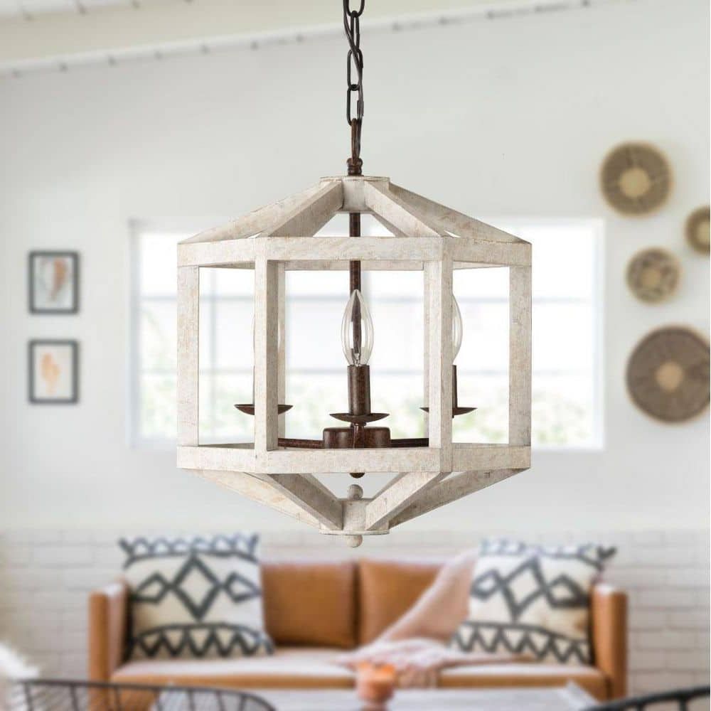 Most Recently Released Oaks Aura Oaks Aura Modern Farmhouse 3 Light Antique Distressed White Wood  Candle Chandelier Fc4012 3w – The Home Depot With Distressed Oak Lantern Chandeliers (View 7 of 15)