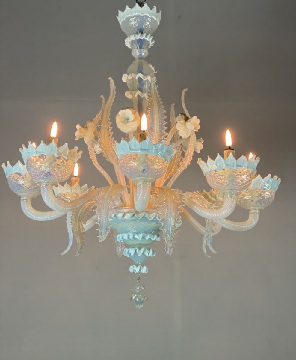 Most Recently Released Opal Glass Chandeliers In Venetian Chandelier In Blue And Opalescent Murano Glass, 8 Arms Of Light –  Ceiling Lights (View 1 of 15)