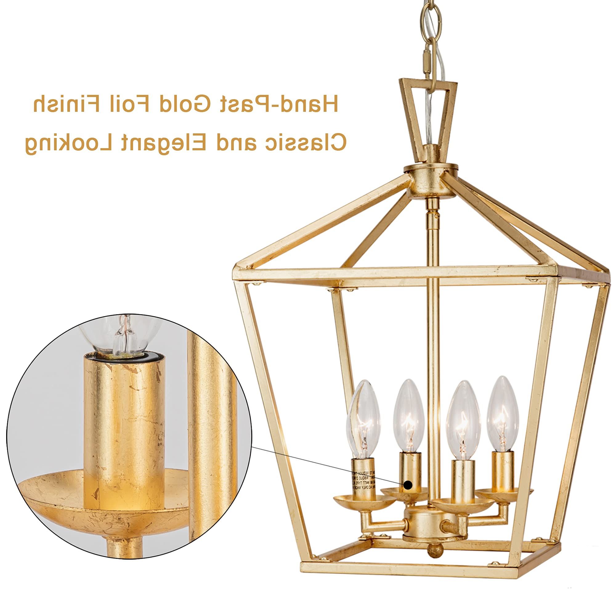 Most Up To Date Untrammelife 4 Light Aged Gold Lantern Pendant Light, Adjustable Height  Metal Geometric Light Fixture 12'' Classic Cage Lantern Chandelier For  Kitchen Island Hallway, Hand Pasted Gold Foil Finish – – Amazon Regarding Gold Leaf Lantern Chandeliers (View 13 of 15)