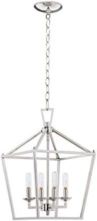 Motini 4 Light Silver Lantern Pendant Light Polished Nickel Finish Hanging  Light Fixture Geometric Chandelier With Adjustable Chain Metal Cage Pendant  Lighting For Kitchen Island Dining Room Foyer – – Amazon Intended For Preferred Deco Polished Nickel Lantern Chandeliers (View 7 of 15)