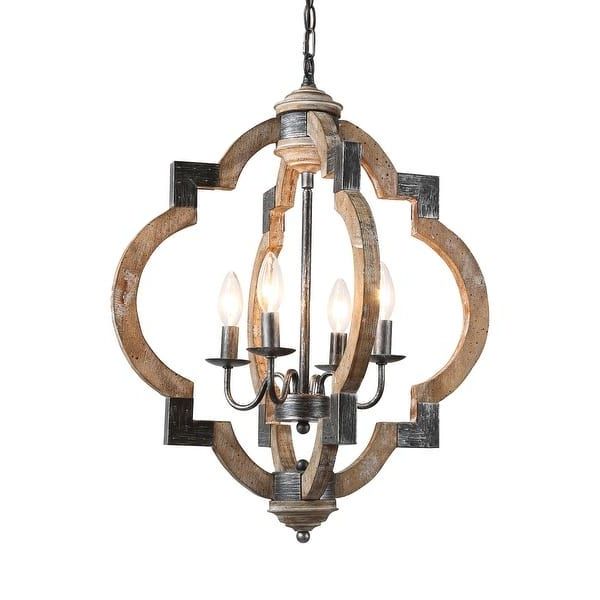 Newest Distressed Oak Lantern Chandeliers With Regard To Farmhouse 4 Light Distressed Wood Lantern Foyer Chandelier For Dining Room  – On Sale – Overstock –  (View 10 of 15)