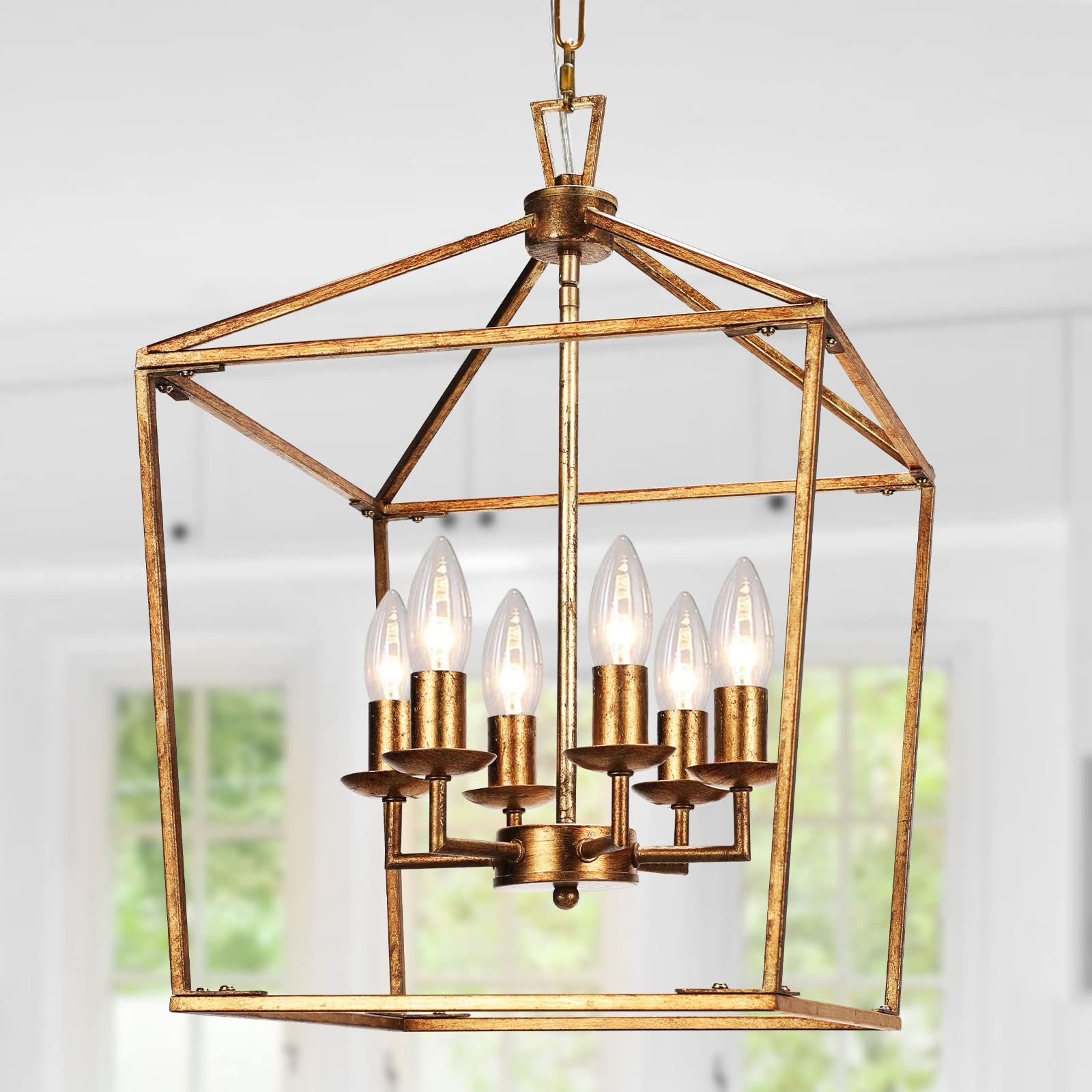 Newest Gild One Light Lantern Chandeliers Within Gold Chandelier Lantern Light Fixtures – 6 Light Retro Foyer Pendant Light,  Rustic Pendant Lighting For Kitchen Island, Hang Lighting With Adjustable  Chain, Hand Pasted Gold Foil Finish – – Amazon (View 7 of 15)