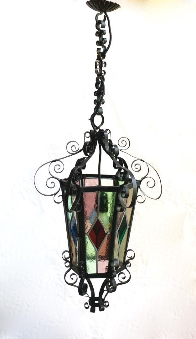 Newest Wrought Iron Lantern Chandelier With Leaded Glasses, 1950s (View 5 of 15)