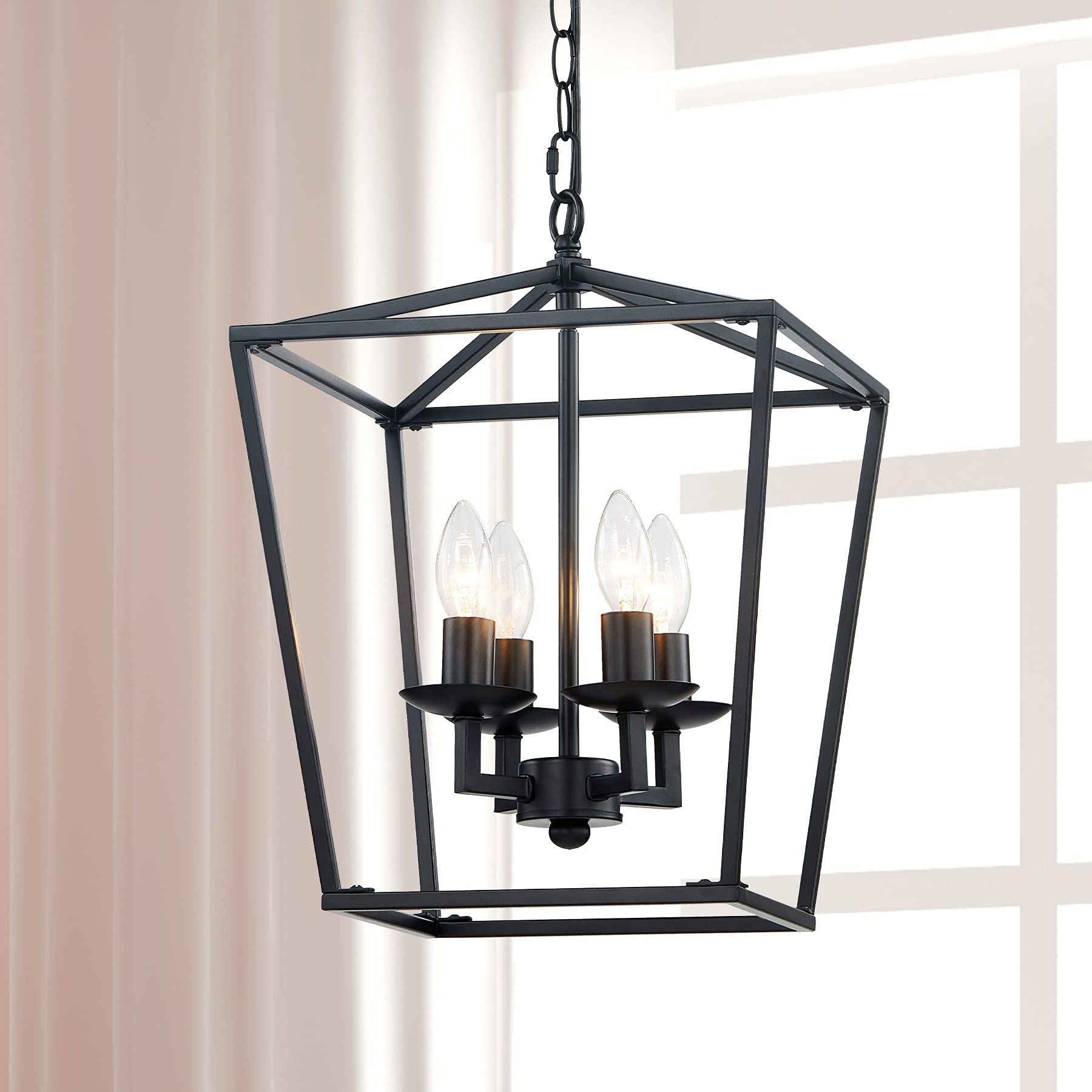 Popular Rustic Black Lantern Chandeliers Within Vonluce 4 Light Farmhouse Lantern Chandelier Light Fixture Black, Rustic  Lantern Pendant Light Fixture Adjustable Chain, Geometric Industrial  Chandelier For Dining Room, Living Room, Kitchen, Foyer – – Amazon (View 9 of 15)