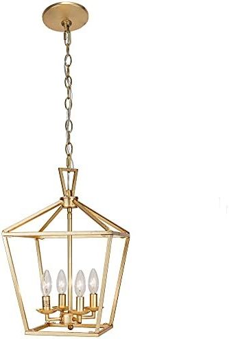 Preferred Untrammelife 4 Light Aged Gold Lantern Pendant Light, Adjustable Height  Metal Geometric Light Fixture 12'' Classic Cage Lantern Chandelier For  Kitchen Island Hallway, Hand Pasted Gold Foil Finish – – Amazon Intended For Antique Gold Lantern Chandeliers (View 7 of 15)