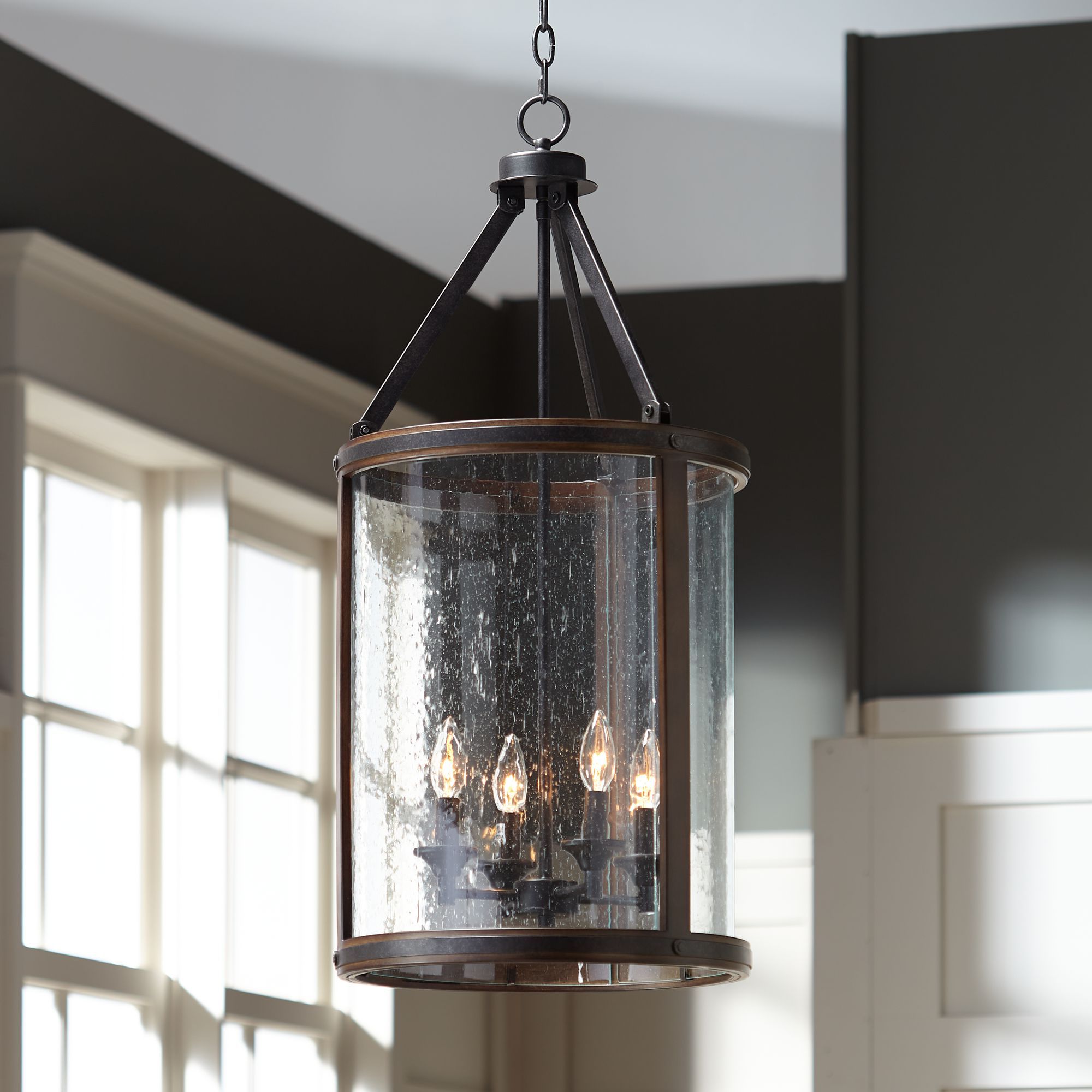 Rustic Gray Lantern Chandeliers Pertaining To Best And Newest Franklin Iron Works Metal Wood Pendant Chandelier 16" Wide Rustic Farmhouse  Clear Seeded Glass 4 Light Fixture Dining Room Foyer – Walmart (View 15 of 15)
