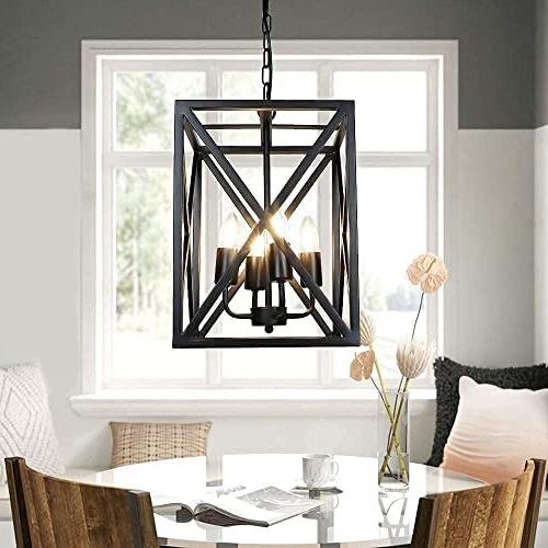 Rustic Gray Lantern Chandeliers Regarding Popular Dllt 4 Light Industrial Pendant Lighting, Black Square Chandelier,  Farmhouse Hanging Lantern Light, Rustic Metal Basket Hanging Lamp For  Dining Room Kitchen Island, E26 Bulbs Not Included, Ul Listed – – Amazon (View 6 of 15)