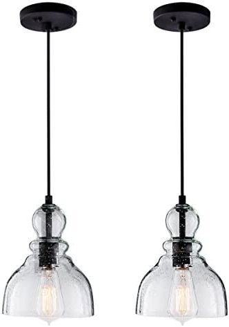 Seeded Clear Glass Chandeliers For Most Popular Lanros Farmhouse Kitchen Pendant Lighting With Handblown Clear Seeded Glass  Shade, Adjustable Cord Mini Ceiling Light Fixture For Kitchen Island Sink,  Matte Black Finish, 7inch, 2 Pack – – Amazon (View 6 of 15)