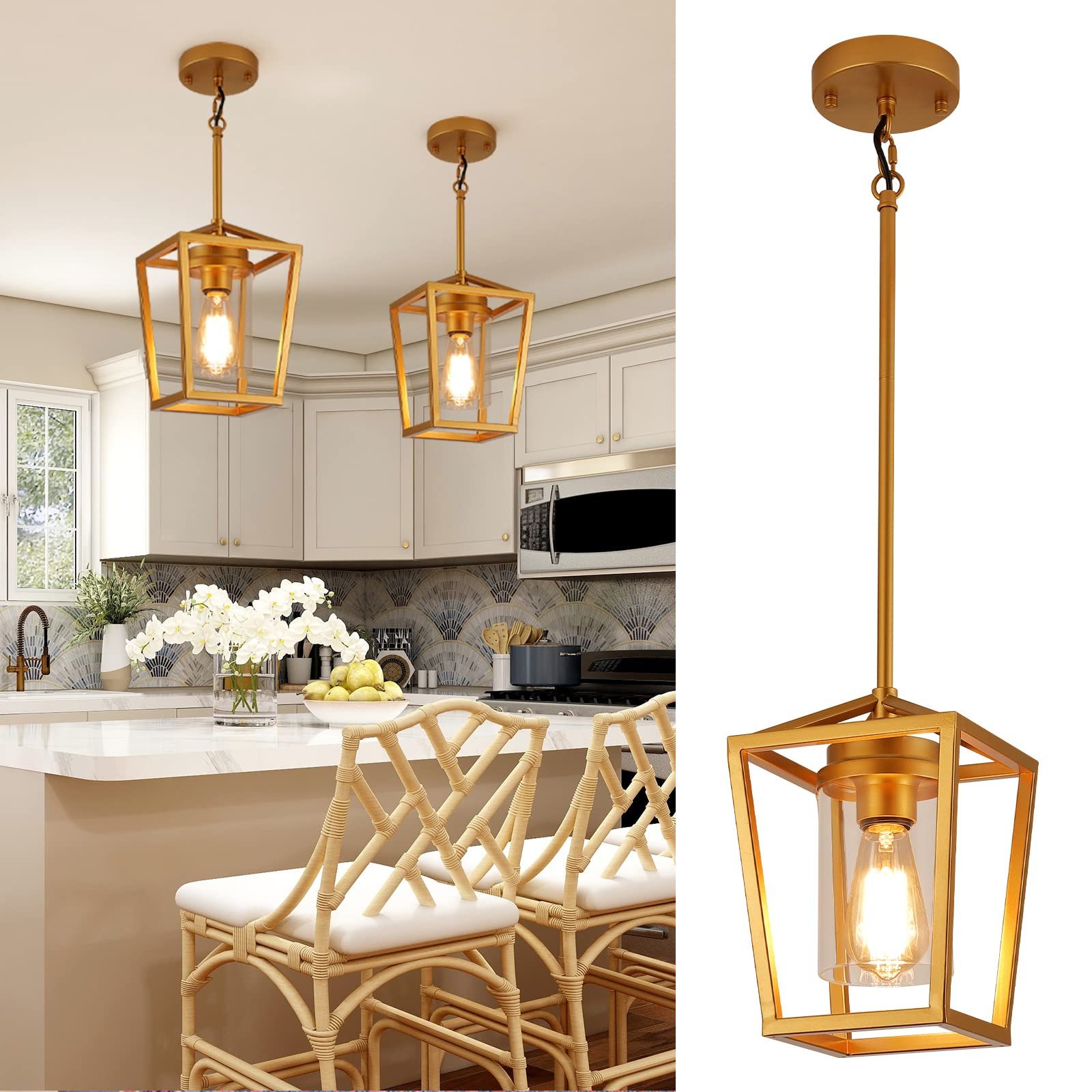 Sglfarmty 1 Light Gold Pendant Light, Farmhouse Cage Pendant Lighting  Fixture For Kitchen Island, Lantern Pendant Lights Brass Finish With Glass,  Modern Geometric Hanging Light For Foyer, Entryway – – Amazon Intended For Recent One Light Lantern Chandeliers (View 8 of 15)