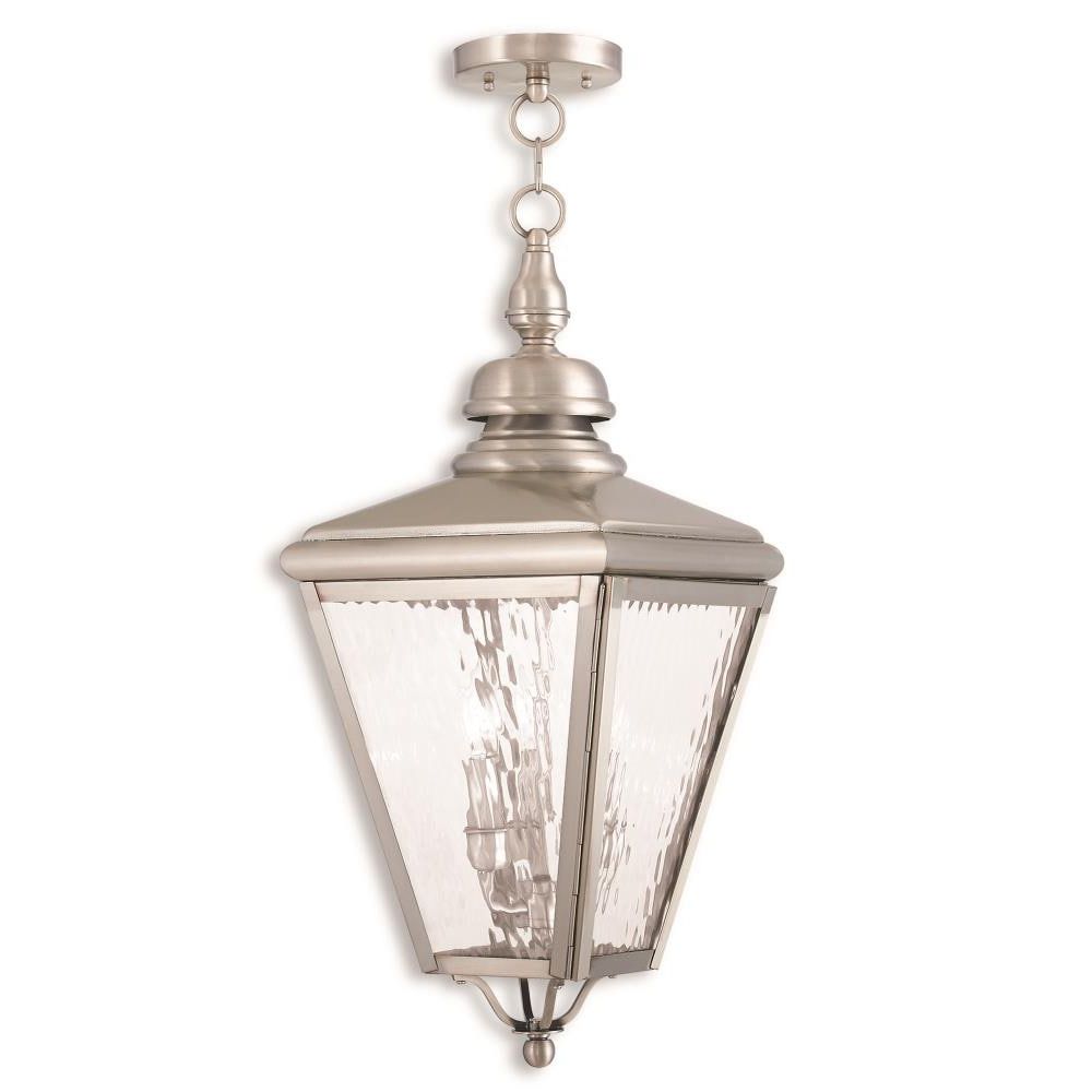 Textured Nickel Lantern Chandeliers Intended For Latest Livex Lighting Cambridge 3 Light Brushed Nickel Traditional Textured Glass  Square Outdoor Pendant Light In The Pendant Lighting Department At Lowes (View 4 of 15)