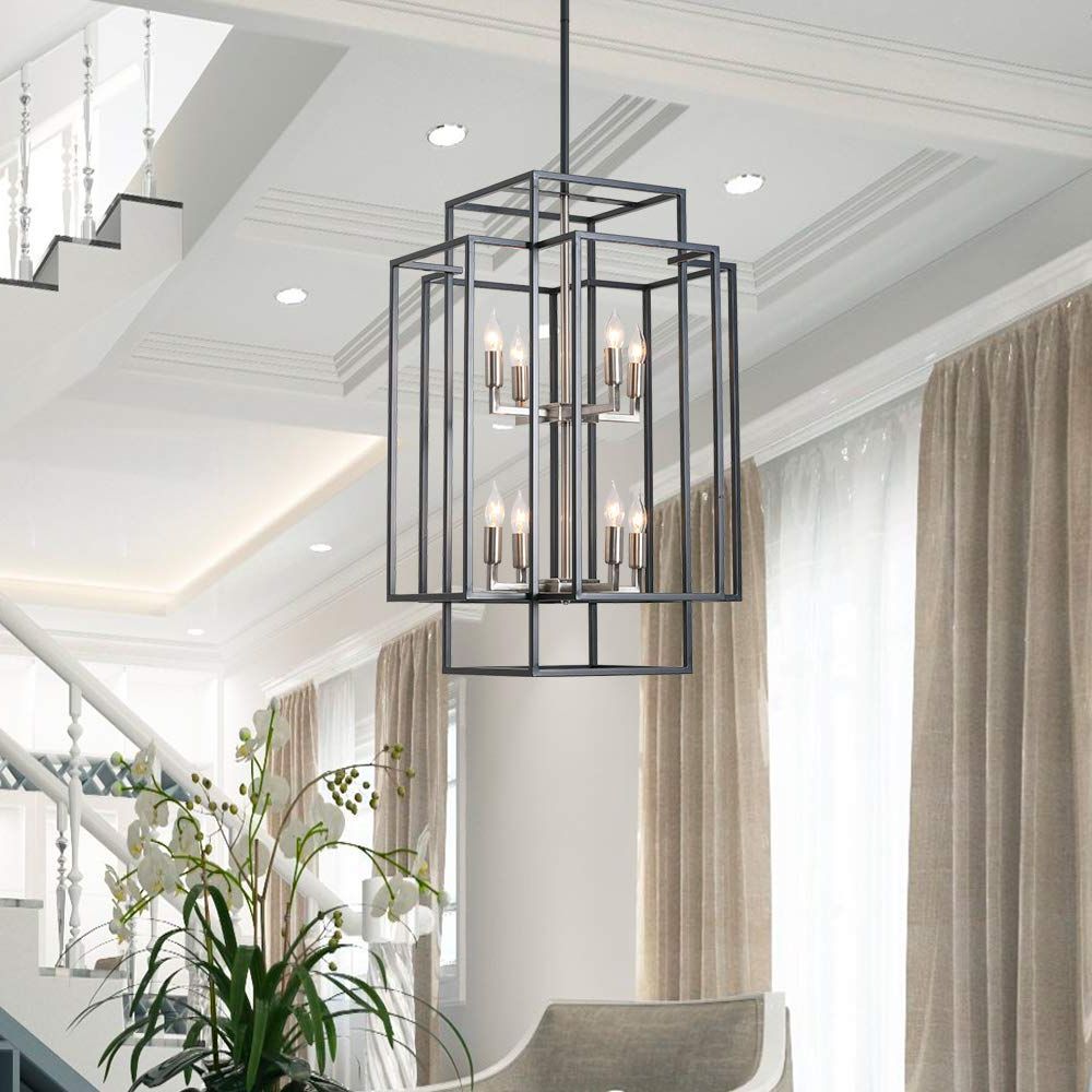Trendy Eight Light Lantern Chandeliers With J And E Home 8 Light Lantern Tiered Pendant Light Fixtures,island Light,hall  Foyer Hanging Chandelier,wrought Iron Finish For Kitchen Island Farmhouse  Entryway, Dark Grey+brushed Nickel – – Amazon (View 3 of 15)