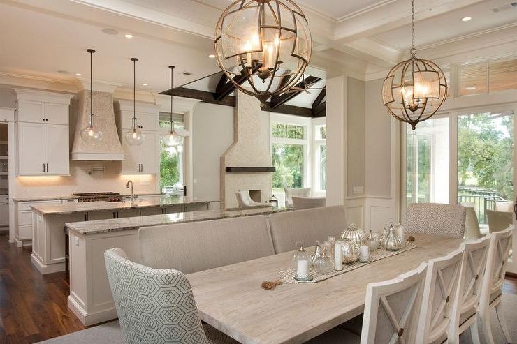 Trendy Gray Wash Lantern Chandeliers With Regard To Gray Wash Dining Table With Gray Sideside Benches – Cottage – Dining  Room (View 12 of 15)