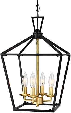 Untrammelife 4 Light Lantern Pendant Light Black And Gold Brushed Brass  Kitchen Pendant Light Modern Geometric Chandelier Adjustable Chain Cage  Hanging Pendant Light Fixture For Foyer Dining Room – – Amazon Intended For Recent Brushed Champagne Lantern Chandeliers (View 8 of 15)