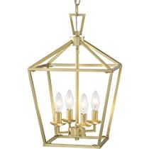 Untrammelife Gold Lantern Chandelier 4 Light Pendant Light Modern Hanging Pendant  Light Fixtures In Brushed Brass Finish, Adjustable Metal Chain Geometric  Chandelier For Kitchen Island Stair Foyer – – Amazon Regarding Most Recent Weathered Driftwood And Gold Lantern Chandeliers (View 10 of 15)