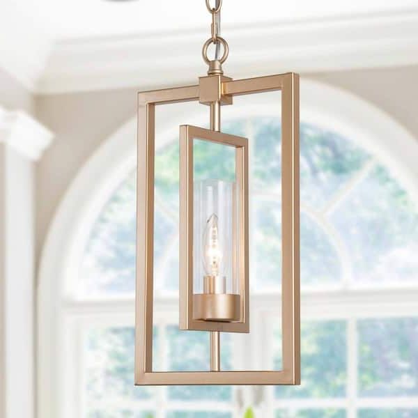 Uolfin Modern Gold Geometric Pendant Light, Cali 1 Light Brass Rectangle  Pendant Light With Clear Glass Shade 628p72izvn23972 – The Home Depot With Popular Clear Glass Shade Lantern Chandeliers (View 9 of 15)