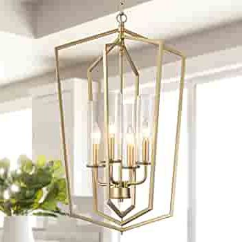 Weathered Driftwood And Gold Lantern Chandeliers Inside Most Popular Durent Lighting Modern Gold Chandelier, 4 Light Rotatable Geometric Lantern  Pendant Light Fixture With Seeded Glass Shade For Kitchen Island, Foyer,  Dining Room, Bedroom – – Amazon (View 8 of 15)