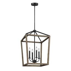 Weathered Oak Wood Lantern Chandeliers In Best And Newest Feiss Gannet 4 Light Weathered Oak Wood And Antique Forged Iron Rustic  Farmhouse Small Caged Hanging Candlestick Chandelier F3190/4wow/af – The  Home Depot (View 1 of 15)