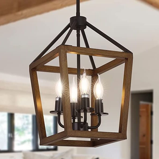 Weathered Oak Wood Lantern Chandeliers In Trendy Linsly Rustic Chandelier,4 Light Farmhouse Chandelier,imitation Oak Wood  Farmhouse Pendant Light Fixture, Adjustable Vintage Iron Lantern Chandelier  For Dining … (View 12 of 15)