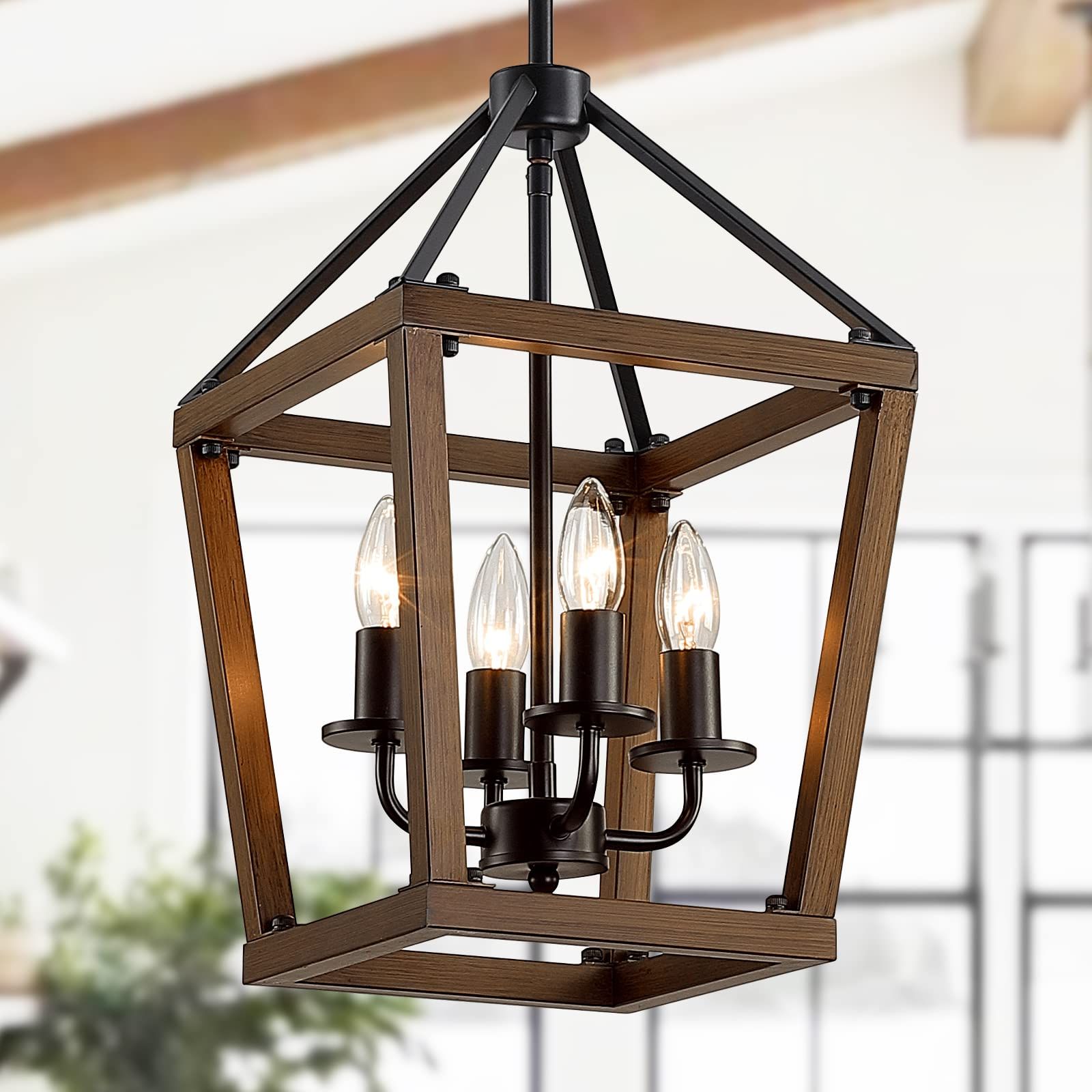 Weathered Oak Wood Lantern Chandeliers Regarding Widely Used Linsly Rustic Chandelier,4 Light Farmhouse Chandelier,imitation Oak Wood  Farmhouse Pendant Light Fixture, Adjustable Vintage Iron Lantern Chandelier  For Dining Room,entryway,kitchen Island – – Amazon (View 7 of 15)