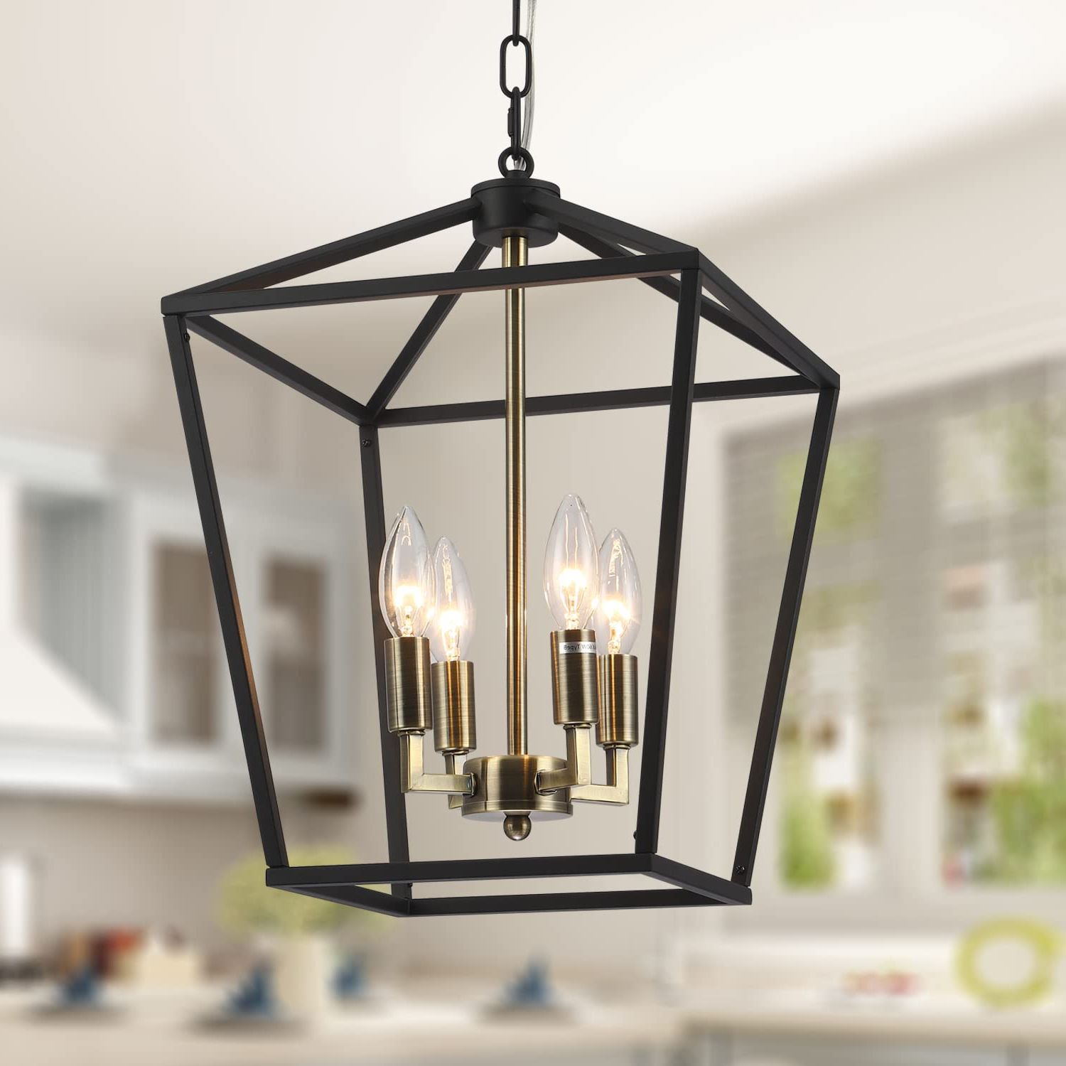 Well Known Black Farmhouse Chandelier For Dining Room Kitchen Entryway 4 Light Rustic  Farmhouse Pendant Light Fixtures, Industrial Cage Lantern Hanging Lighting  With E12 Base – – Amazon Throughout Rustic Black Lantern Chandeliers (View 4 of 15)