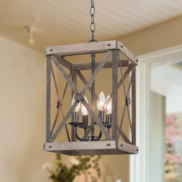Well Known Brown Wood Lantern Chandeliers Within Lnc Wood Chandelier 4 Light Candlestick Island Farmhouse Brown Lantern Cage  Geometric Rustic Square Pendant Chandelier Jvf6rehd14003g7 – The Home Depot (View 5 of 15)