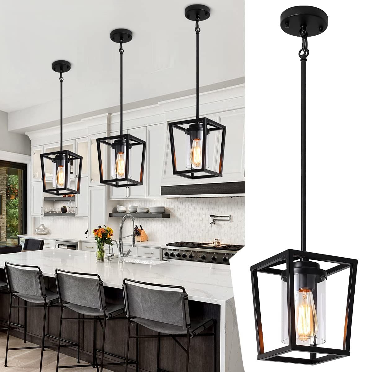 Well Known Clear Glass Shade Lantern Chandeliers In Black Pendant Light For Kitchen Island, 1 Light Farmhouse Industrial Lantern  Pendant Light For Hallway Foyer Dinning Room With Clear Glass Shade,  Adjustable Height – – Amazon (View 6 of 15)