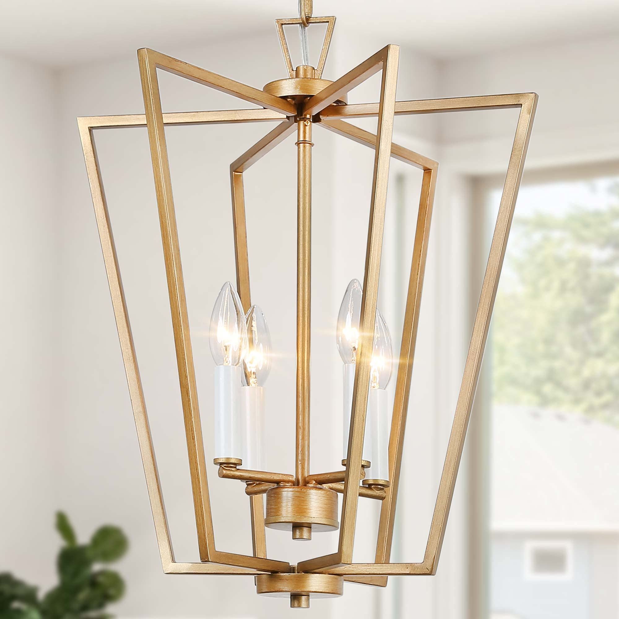 Well Known Gild Three Light Lantern Chandeliers Throughout Gold Chandelier, 4 Light Modern Lantern Gold Pendant Light With Rotatable  Framework For Kitchen Island, Dining Room, Foyer And Entryway, Antique  Brushed Gold,  (View 9 of 15)