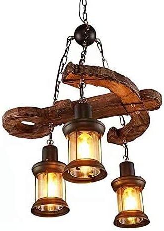 Well Known Weathered Driftwood And Gold Lantern Chandeliers Intended For Lakiq Industrial Hanging Lantern Chandelier 3 Lights Loft Wooden Anchor Pendant  Lighting Fixture For Kitchen Bar Restaurant – – Amazon (View 12 of 15)