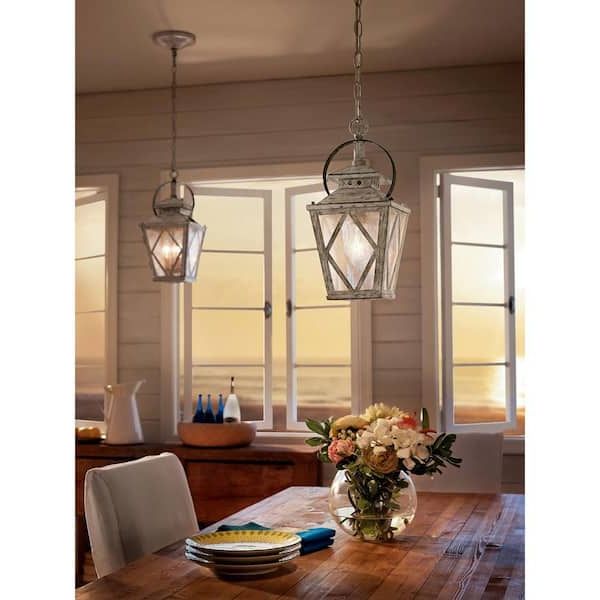White Distressed Lantern Chandeliers In Popular Kichler Hayman Bay 2 Light Distressed Antique White Farmhouse Kitchen Lantern  Pendant Hanging Light With Clear Seeded Glass 43258daw – The Home Depot (View 11 of 15)