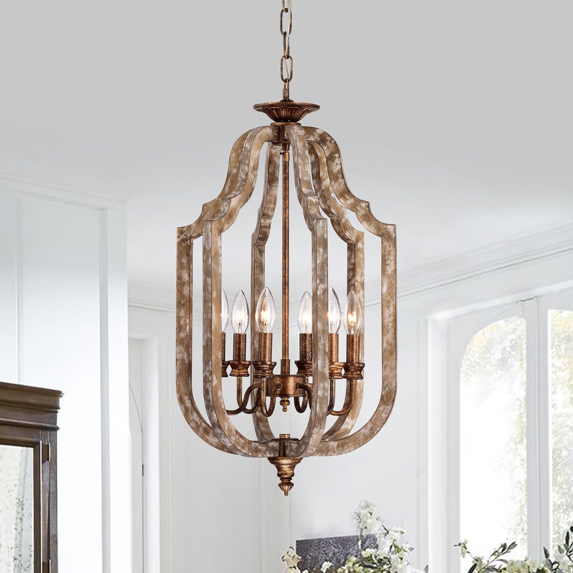 Wood And Antique Gold 6 Light Cage Lantern Pendant – On Sale – Overstock –  33631192 Intended For Well Known Antique Gold Lantern Chandeliers (View 15 of 15)