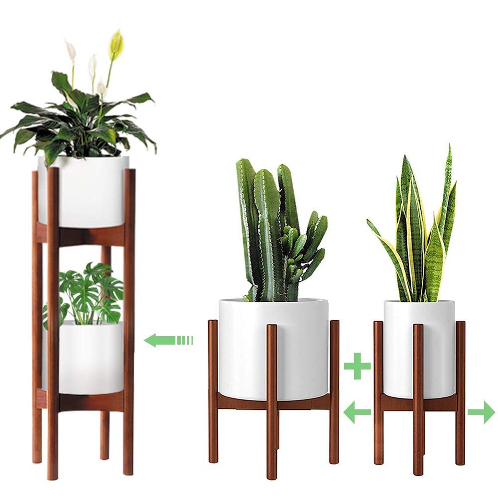 2 Pack Indoor Plant Stands, 2 Tier Tall Plant Stand 30 Inches, Mid Century  Bamboo Plant Stand, Adjustable Width 8 – 12 Inches, Fits Pot Size Of 8 9 10  11 12 Inches, Pot & Plant Not Included, Brown Pertaining To Most Current Two Tier Plant Stands (View 5 of 15)