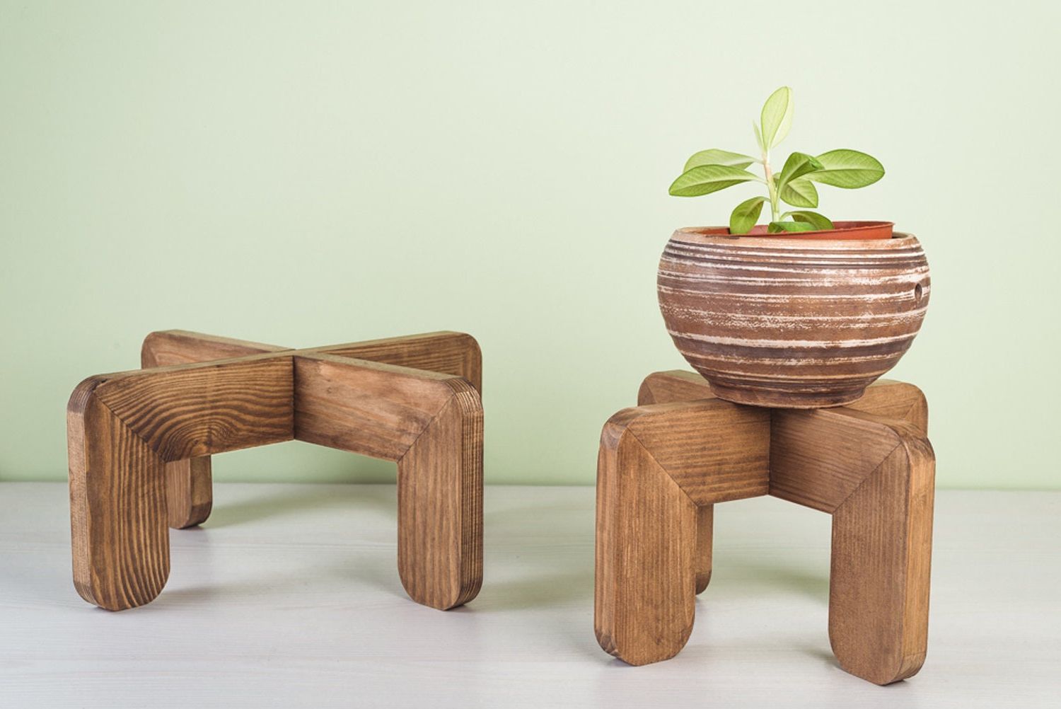 2019 Set Of 2 Wood Indoor Plant Stands Rustic Plant Stand Mid – Etsy With Rustic Plant Stands (View 1 of 15)