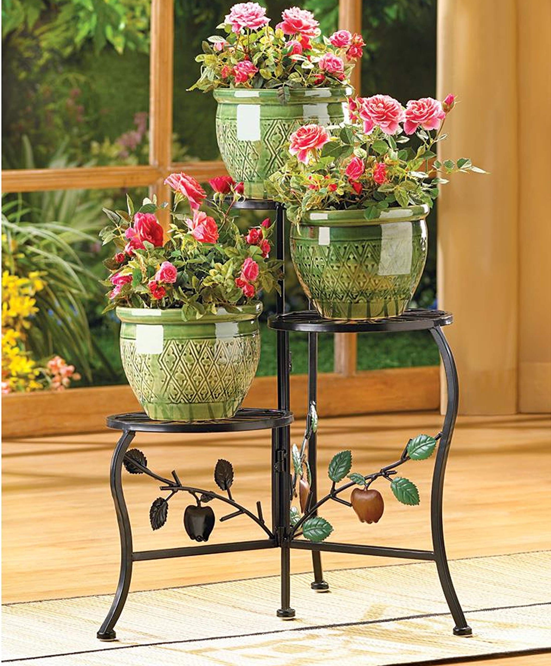 2019 Vintage Plant Holder, Multi Tier Plant Stand Wrought Iron, Tri Level Plant  Stands, Round Metal Plant Rack, Black Patio Plant Shelf, Apple Flower Pot  Stand, Indoor Outdoor Plant Lover Gifts Regarding Vintage Plant Stands (View 4 of 15)