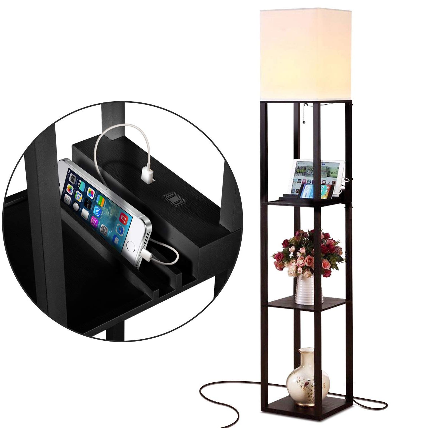 2020 Brightech Maxwell Charger – Modern Shelf Floor Lamp With Usb Charging Ports  & Electric Outlet – Corner Display Floor Lamps With Shelves For Living  Room, Bedroom And Office – Black Within Standing Lamps With Usb Charge (View 1 of 15)