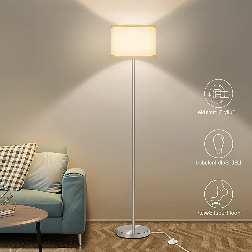 2020 Floor Lamp For Living Room,fully Dimmable Modern Standing Lamp With Pedal  Switch Sliver Tall Pole Reading Light With White Drum Shade For Bedroom  Study Room Office Led 8w Bulb Included – – Inside Standing Lamps With Dimmable Led (View 9 of 15)