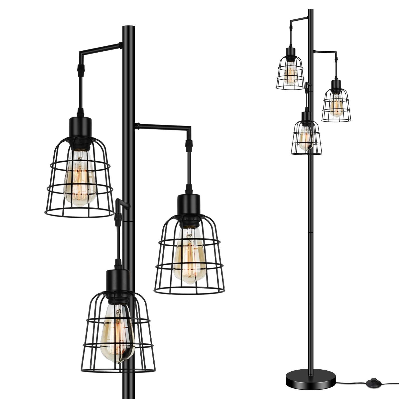 3 Light Tree Standing Lamps Inside Most Recently Released Industrial 3 Light Tree Floor Lamp With Cup Shaped Cages Farmhouse Rustic  Tall Standing Lamp For Living Room Vintage Elegant Black Pole Light With  Edison E26 Base Metal Shade For Bedroom Office Hotel – – (View 12 of 15)