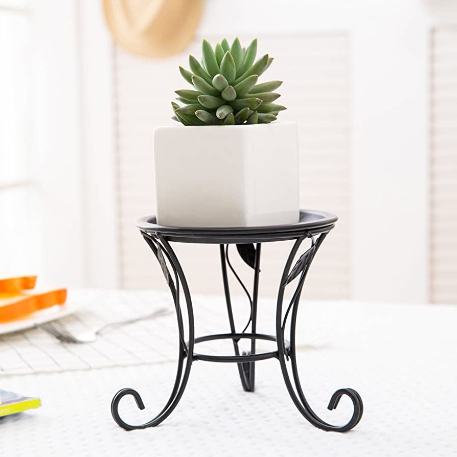 5 Inch Plant Stands Within Well Known Mygift Small Black Metal Desktop Indoor Plant Stand With Scrollwork Design,  5 Inch Tabletop Pillar Candleholder (View 1 of 15)