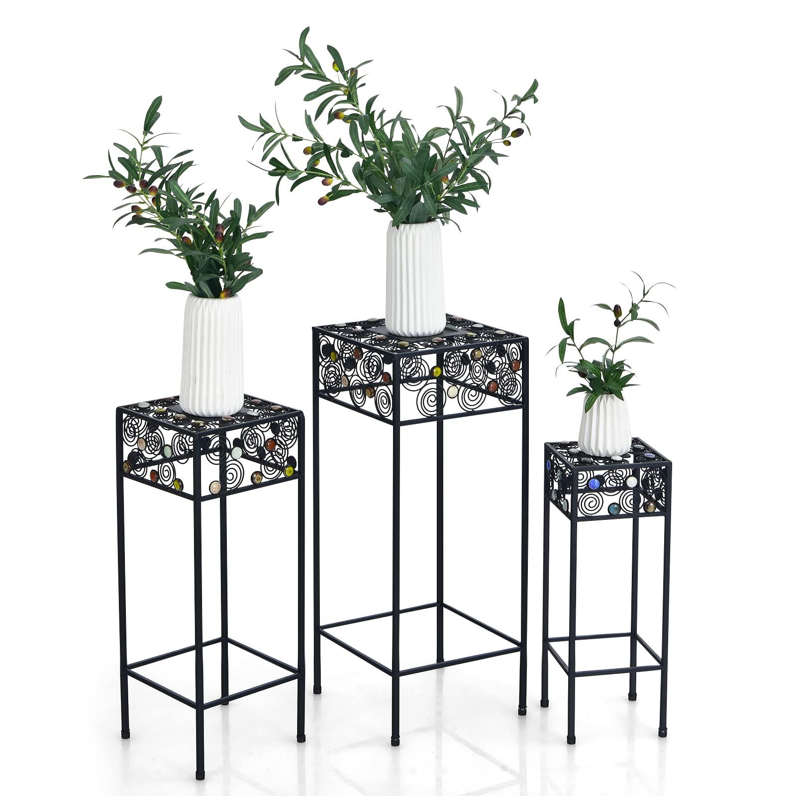 Amazon: Giantex Set Of 3 Metal Plant Stand, 3 Pieces Flower Pot Holder  Rack With Ceramic Beads Design, Irons Planter Supports Display End Table  For Home Patio Garden (square) : Patio, Lawn Regarding 2019 Set Of 3 Plant Stands (View 1 of 15)