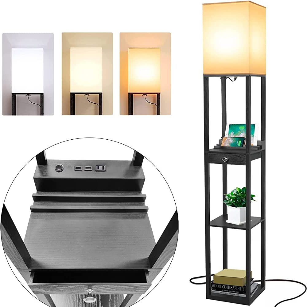 Assemer Shelf Floor Lamps For Living Room,tall Standing Lamp With Shelves  And Drawer,2 Usb Charging Ports & Power Outlet,bright 3cct Led Bulb  Included – Black – – Amazon Pertaining To 2020 Standing Lamps With Usb Charge (View 2 of 15)