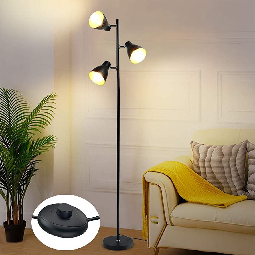 Best And Newest 3 Light Standing Lamps Intended For Dllt Industrial Tree Floor Lamp With 3 Bulbs, Farmhouse Black Standing Light,  Skinny Tall Pole Lamp, Metal Bright Reading Lamps For Living Room Bedroom,  Adjustable Heads, Foot Switch, Mid Century – – Amazon (View 2 of 15)