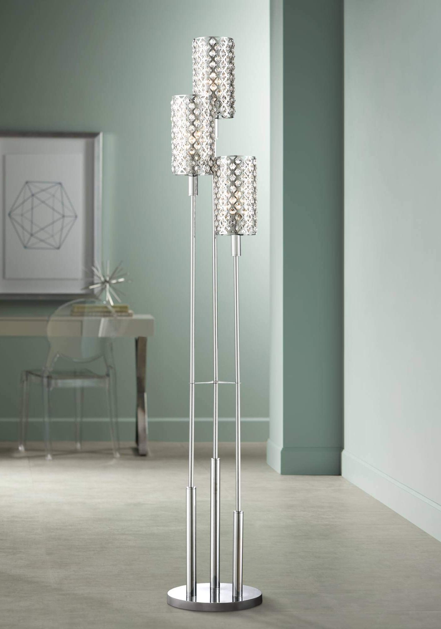 Best And Newest Buy Modern Contemporary Glam Standing Floor Lamp 3 Light Chrome Silver  Glitz Clear Crystal Beaded Cylinder Shade Decor For Living Room Reading  House Bedroom Home Office Uplight – Possini Euro Design Online At Within Silver Chrome Standing Lamps (View 9 of 15)